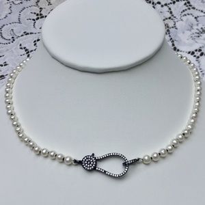 NTW Real Pearl Necklace black pave clasp Handmade